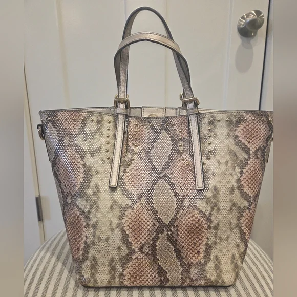 Calvin Klein Metallic Snake-Print Tote in Taupe and Pale Pink - Picture 1 of 4